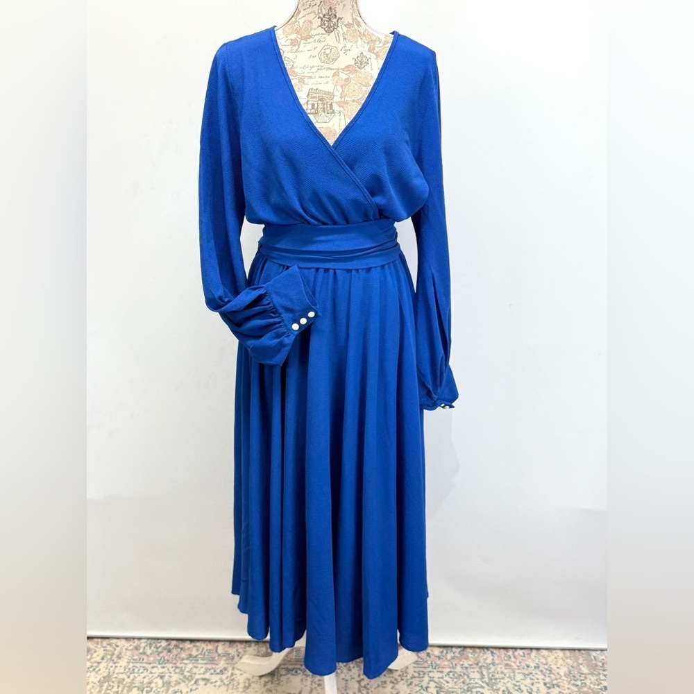 MEGHAN L.A. Royal blue long sleeve faux wrap FABULOUS LILYPAD midi dress size L. - Picture 4 of 16